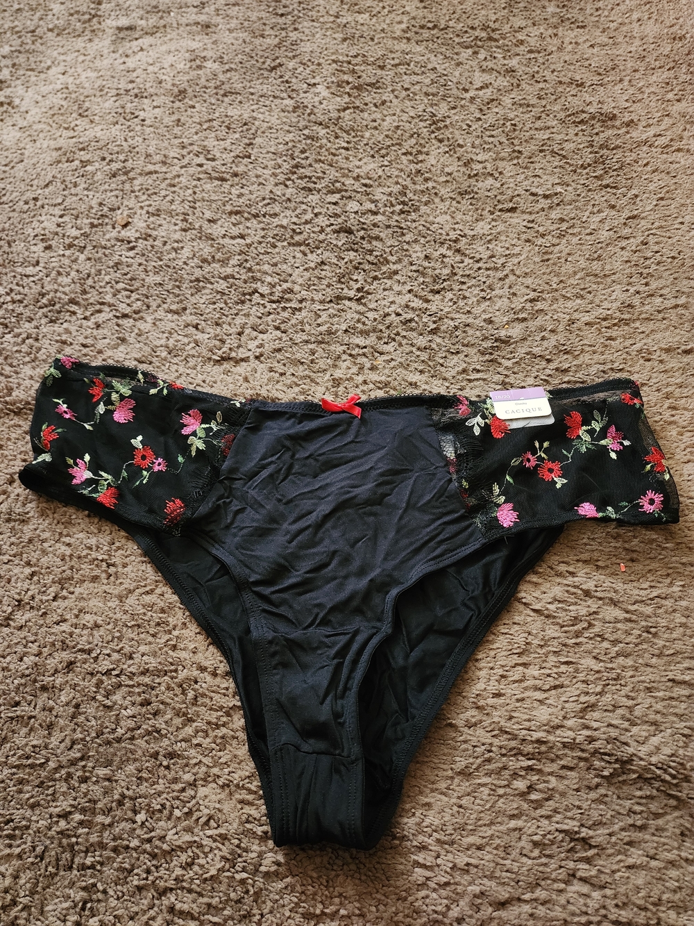 Cacique Black Bikini Panty with Pink and Red Floral Embroidery